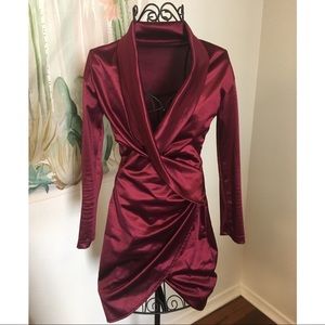 Red “Satin” Deep V High Slit Mini Dress